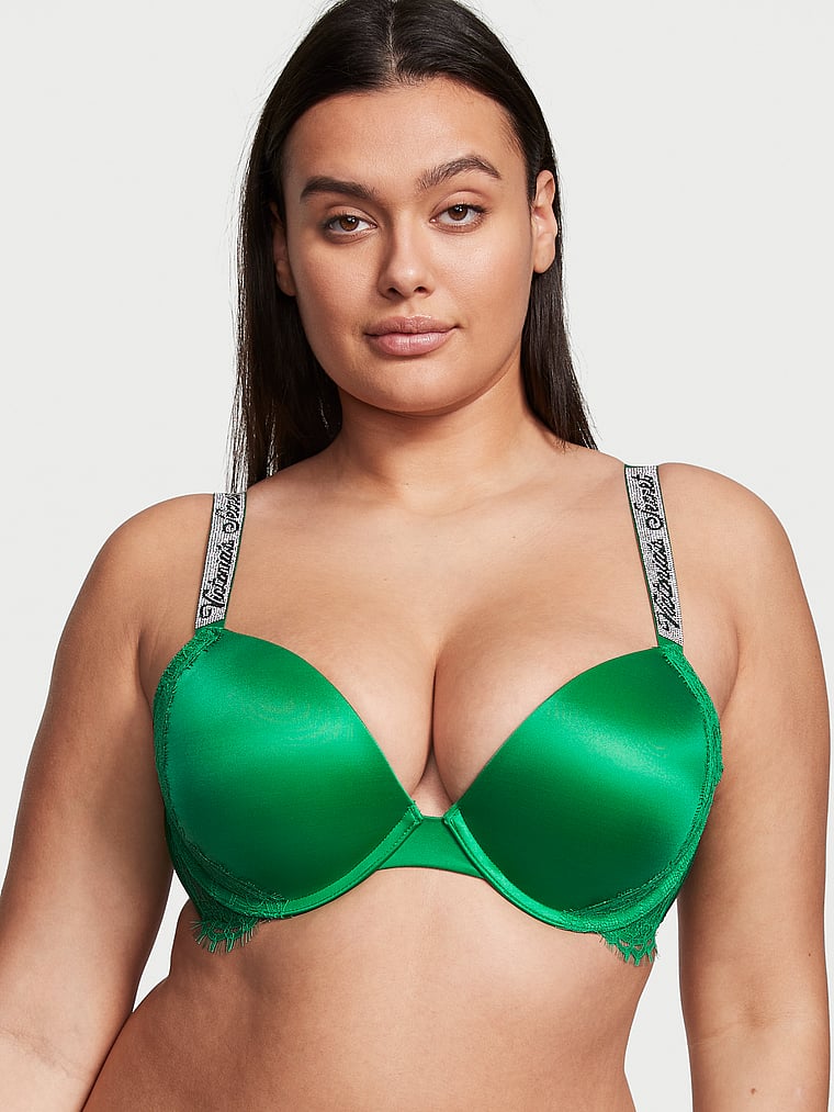 Victoria's Secret, Very Sexy Shine Strap Push-Up Bra, Verdant Green, onModelFront, 1 of 4 Karmi is 5'10" and wears 34DD (E) or Large